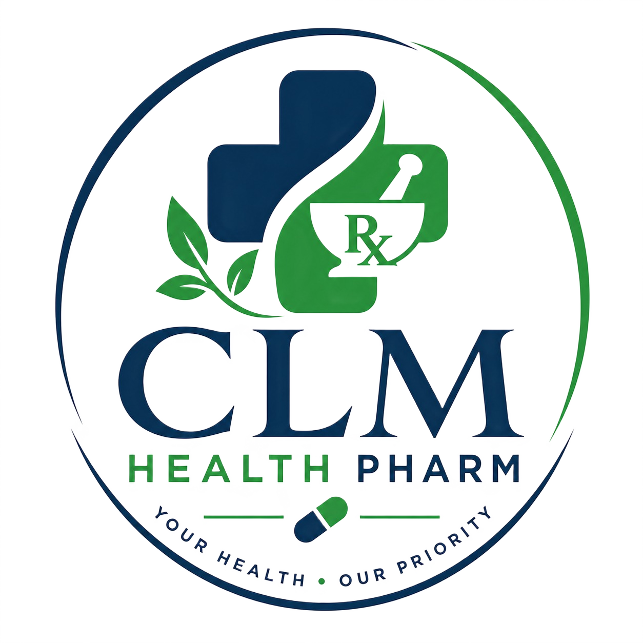 CLM Health Pharm pharmacy logo with blue cross, mortar and pestle, green leaves, and tagline Your Health Our Priority